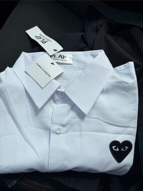 Comme des Garcons PLAY White Button-Down Shirt with Black Heart Patch